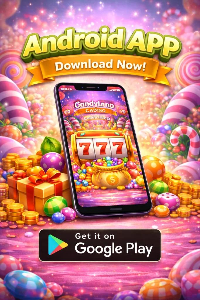alt="Candyland Casino Android app displayed on smartphone with slot games and Google Play download option"
