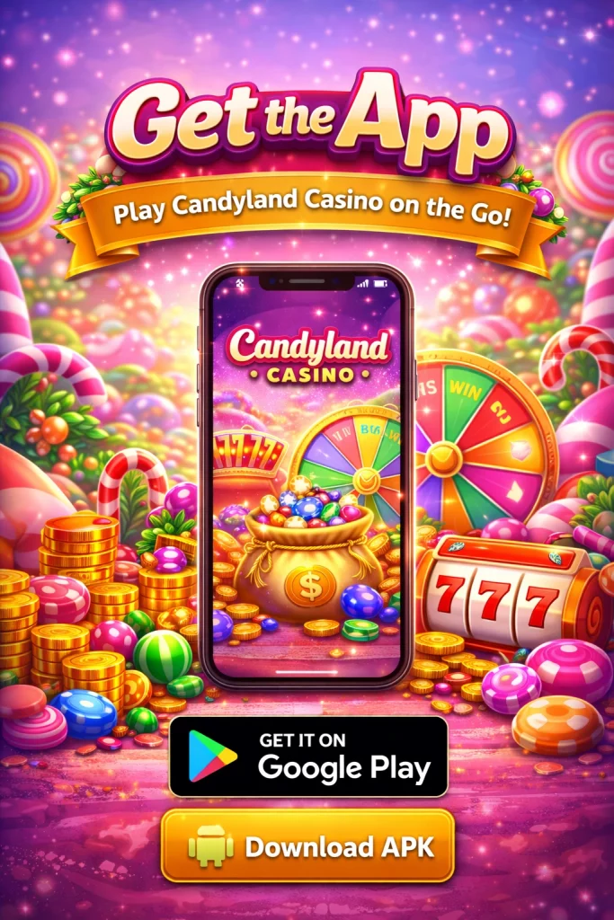 alt="Candyland Casino mobile app screen showing APK download option and casino gameplay on smartphone"
