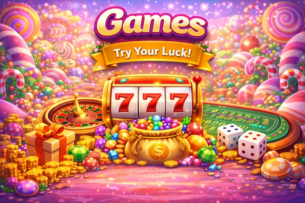 alt="Candyland Casino games page featuring slot machines, roulette, dice and candy-themed casino elements"
