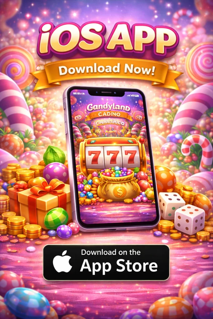 alt="Candyland Casino iOS app shown on iPhone with slot games and App Store download option"
