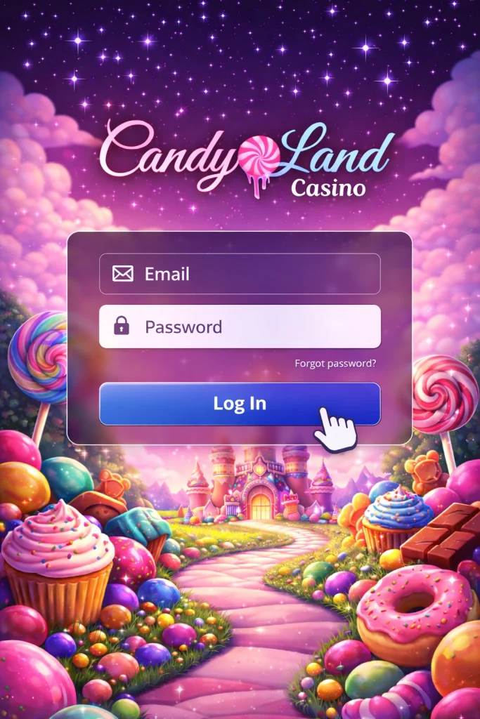 alt="Candyland Casino login screen showing email and password fields with a prominent Log In button on a candy-themed background"
