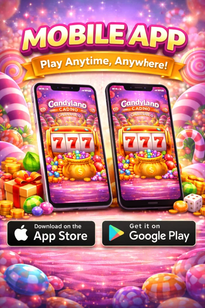 alt="Candyland Casino mobile app shown on smartphones with slot games and App Store and Google Play download options"
