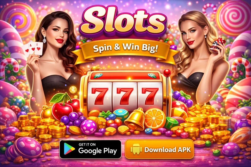 alt="Candyland Casino slots page featuring colorful slot machines, 777 symbols and candy-themed graphics"
