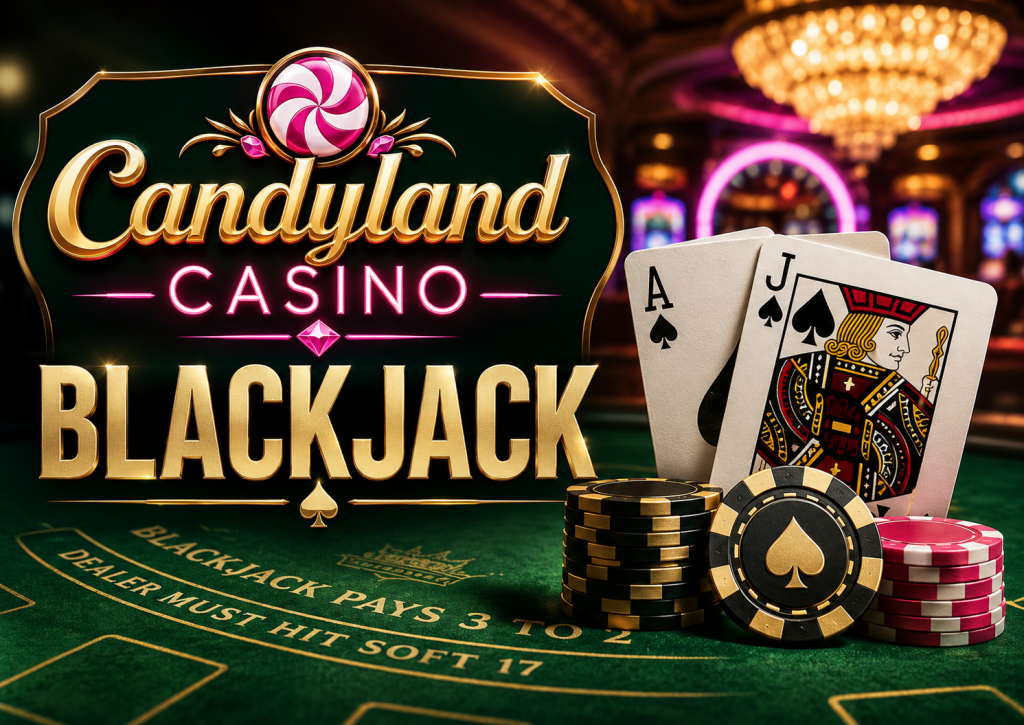 Candyland Casino blackjack guide banner with playing cards, casino chips and blackjack table for UK players
