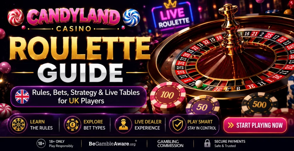 Candyland Casino roulette guide banner with roulette wheel, casino chips and title text for UK players