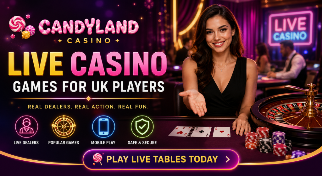 Candyland Casino live casino banner for UK players with live dealer table, roulette wheel, cards and neon candy-style visuals