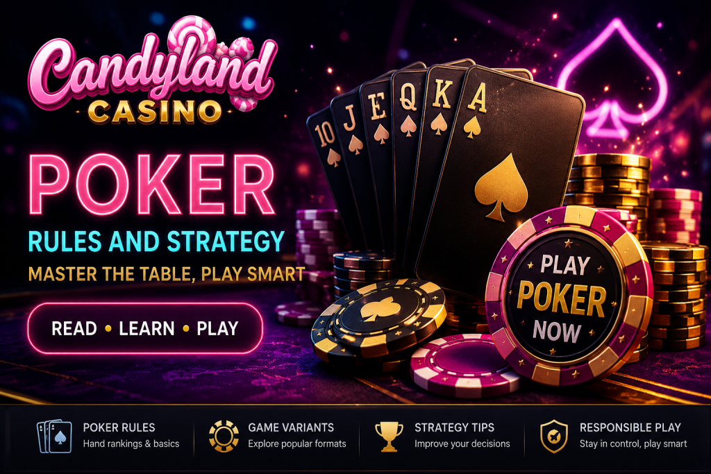 Candyland Casino poker guide banner with playing cards, poker chips and neon table graphics for UK players