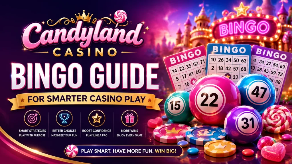 Candyland Casino bingo guide banner with bingo cards, numbered balls, casino chips and bright candy-style graphics for UK players.